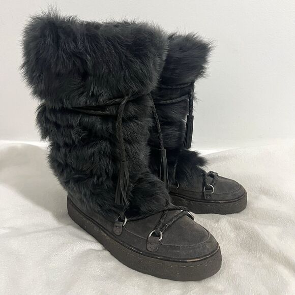 Frye Gail Shearling Tall Boots Size 7.5 Gray Fur Fluffy Winter Apres Ski Cabin - Picture 1 of 9